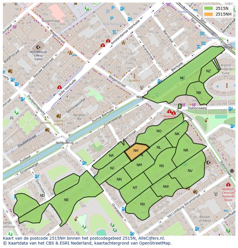 Afbeelding van het postcodegebied 2515 NH op de kaart.