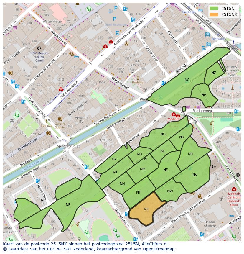 Afbeelding van het postcodegebied 2515 NX op de kaart.