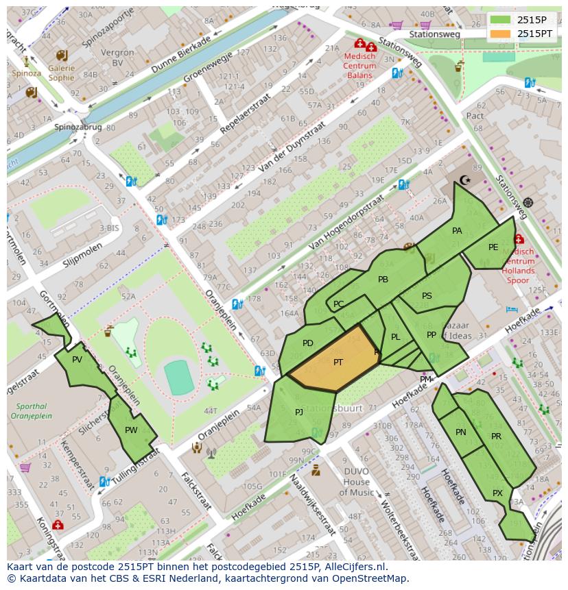 Afbeelding van het postcodegebied 2515 PT op de kaart.