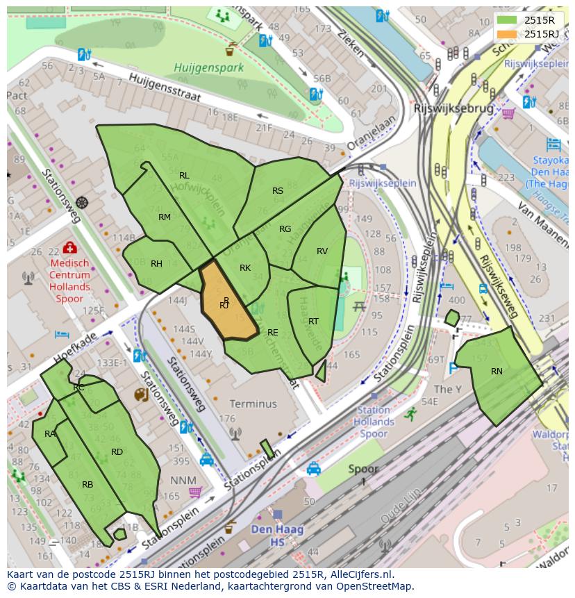 Afbeelding van het postcodegebied 2515 RJ op de kaart.