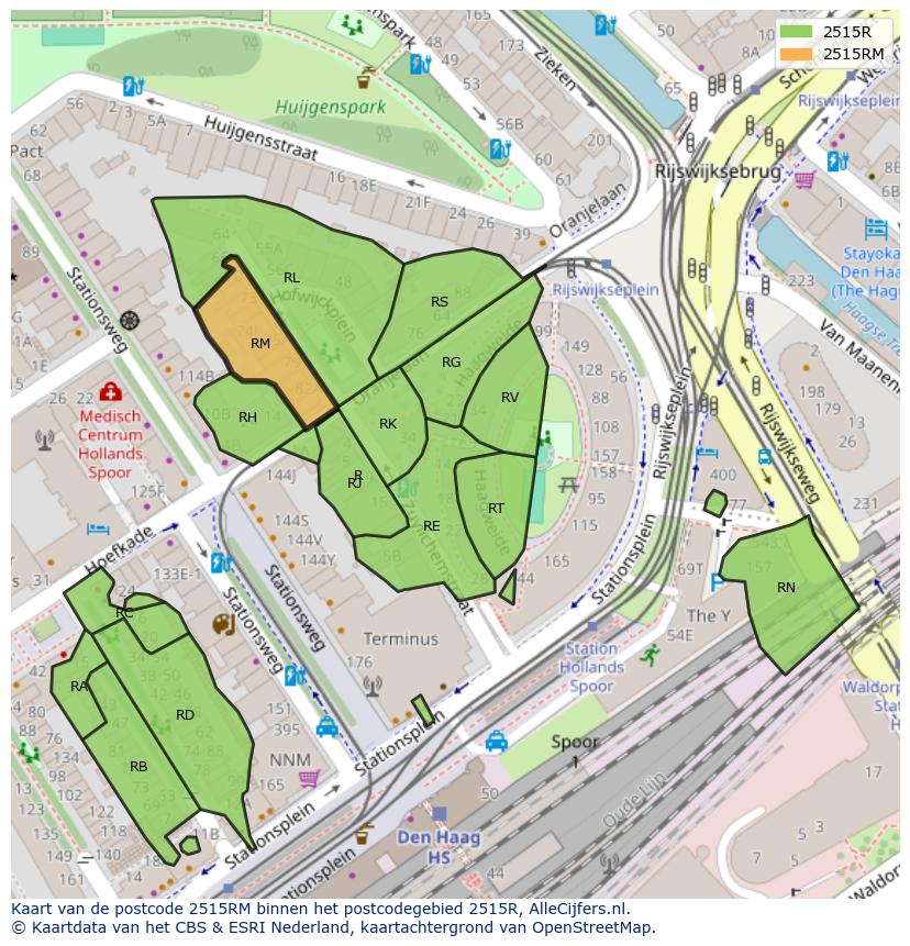 Afbeelding van het postcodegebied 2515 RM op de kaart.