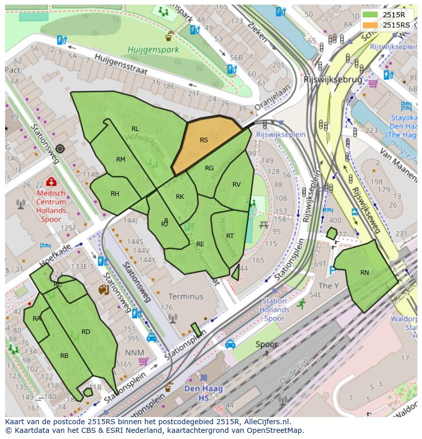 Afbeelding van het postcodegebied 2515 RS op de kaart.
