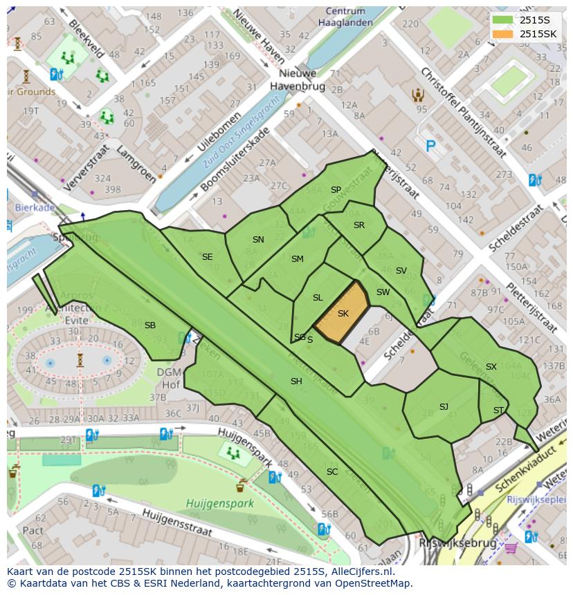 Afbeelding van het postcodegebied 2515 SK op de kaart.