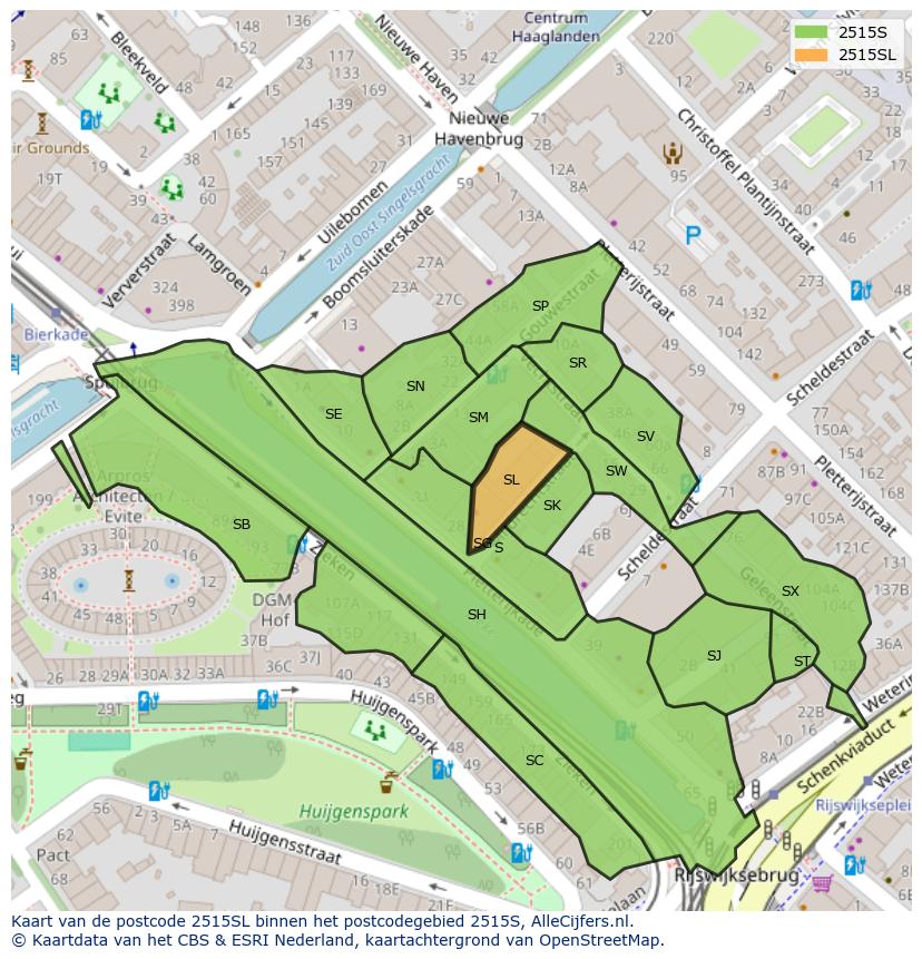 Afbeelding van het postcodegebied 2515 SL op de kaart.