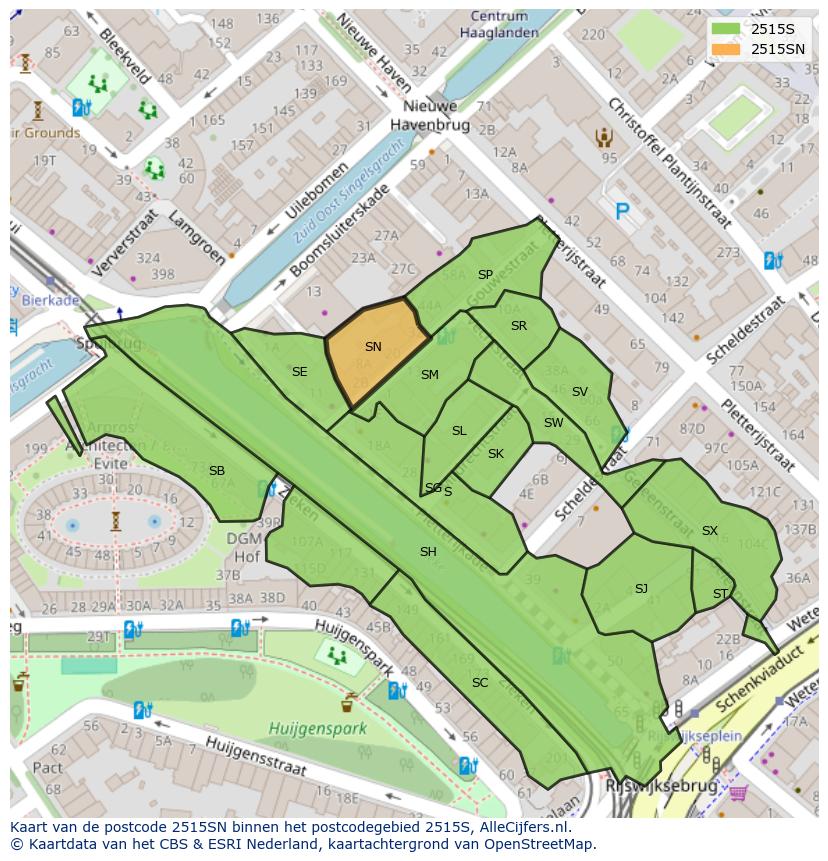 Afbeelding van het postcodegebied 2515 SN op de kaart.