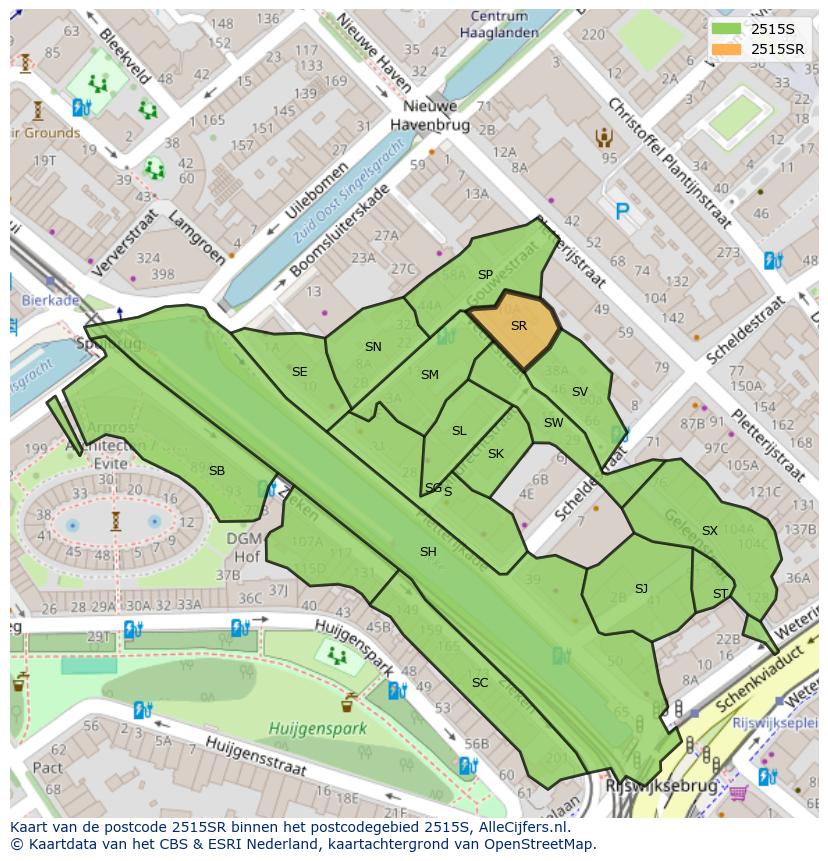 Afbeelding van het postcodegebied 2515 SR op de kaart.