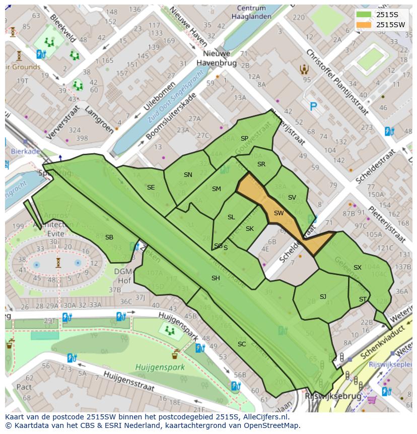 Afbeelding van het postcodegebied 2515 SW op de kaart.