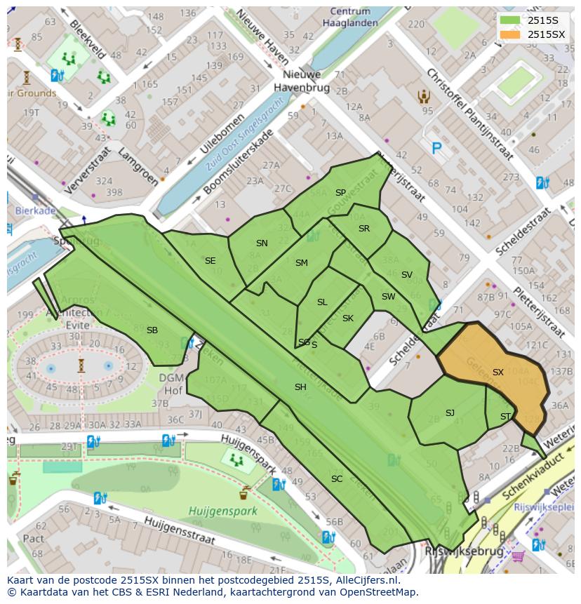 Afbeelding van het postcodegebied 2515 SX op de kaart.