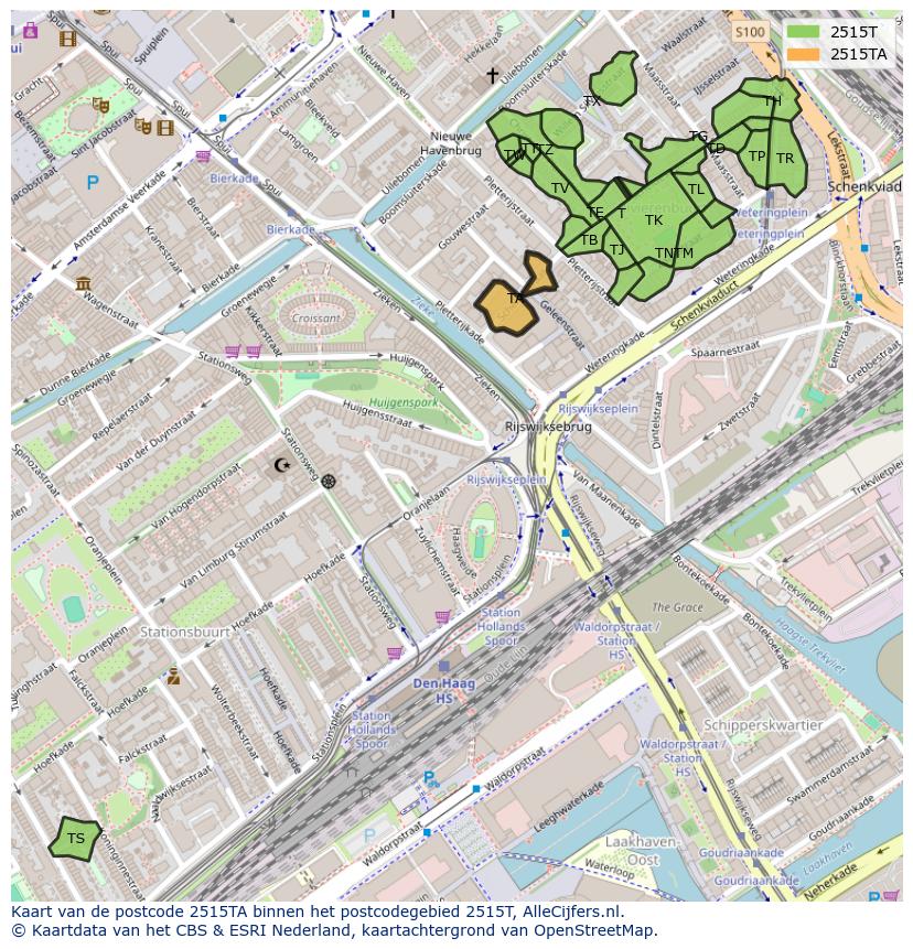 Afbeelding van het postcodegebied 2515 TA op de kaart.