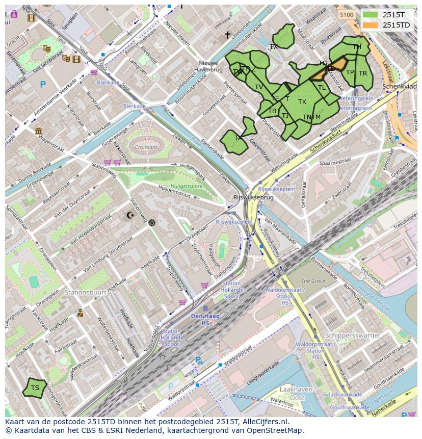 Afbeelding van het postcodegebied 2515 TD op de kaart.