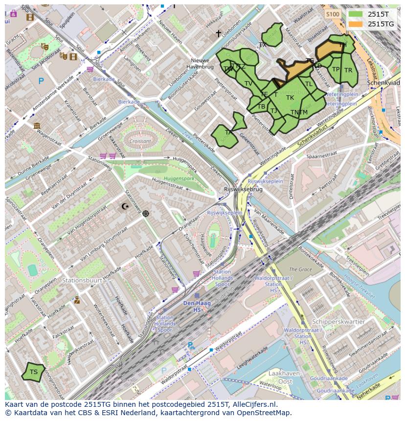 Afbeelding van het postcodegebied 2515 TG op de kaart.