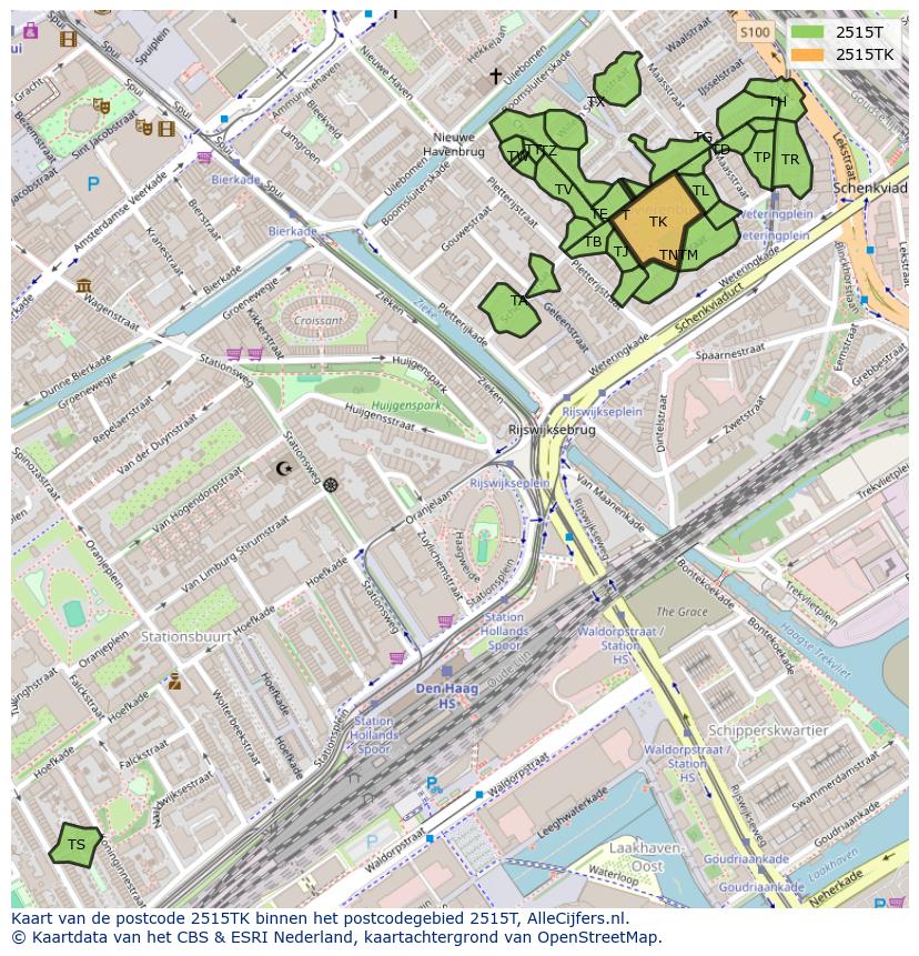 Afbeelding van het postcodegebied 2515 TK op de kaart.