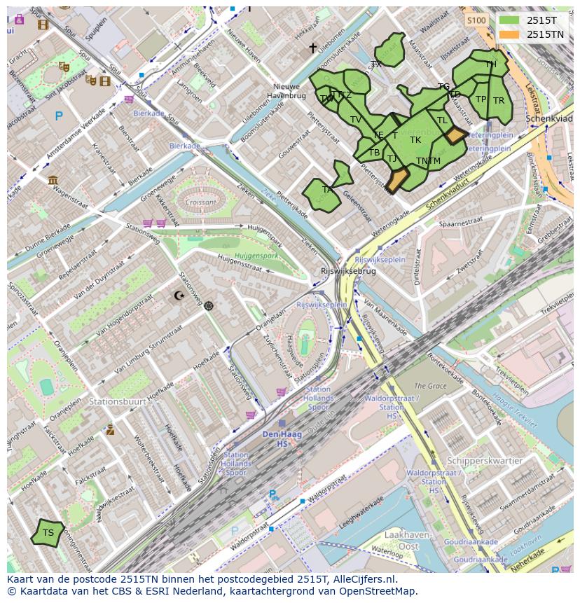 Afbeelding van het postcodegebied 2515 TN op de kaart.