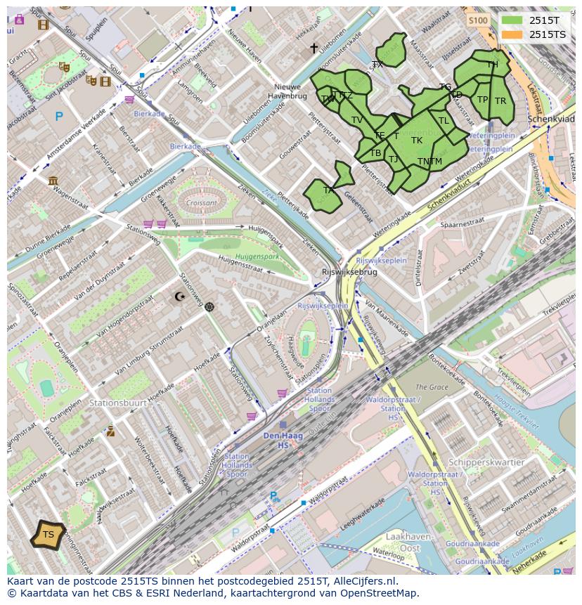 Afbeelding van het postcodegebied 2515 TS op de kaart.