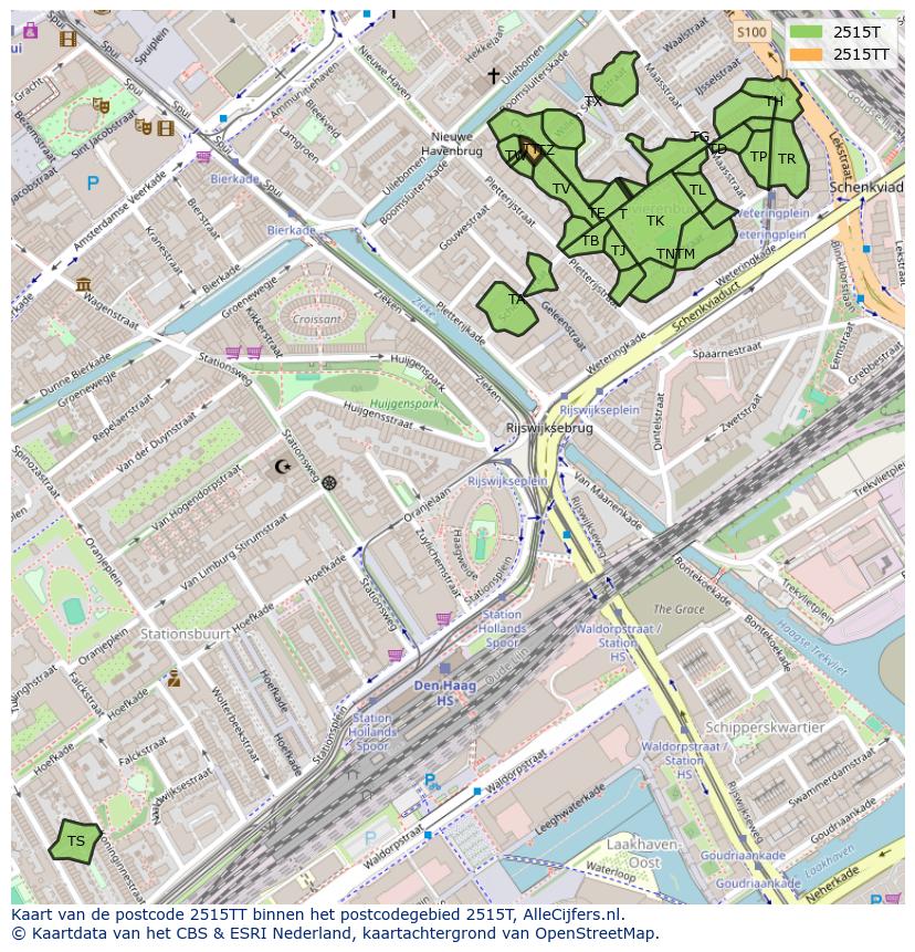 Afbeelding van het postcodegebied 2515 TT op de kaart.