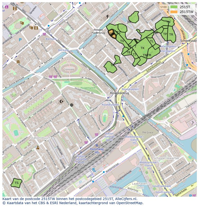 Afbeelding van het postcodegebied 2515 TW op de kaart.