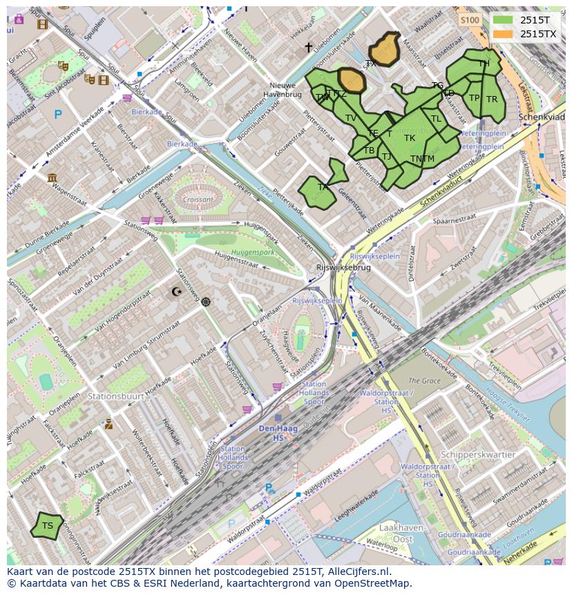 Afbeelding van het postcodegebied 2515 TX op de kaart.