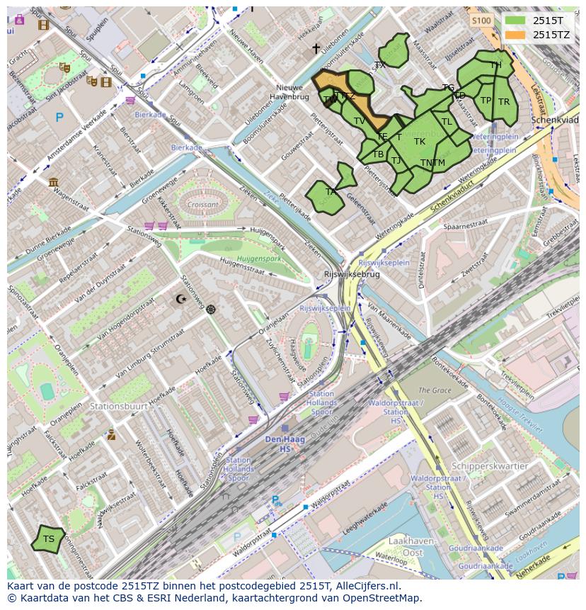 Afbeelding van het postcodegebied 2515 TZ op de kaart.