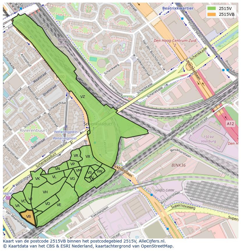 Afbeelding van het postcodegebied 2515 VB op de kaart.