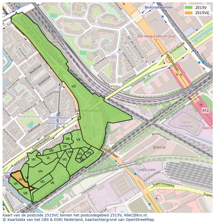 Afbeelding van het postcodegebied 2515 VC op de kaart.