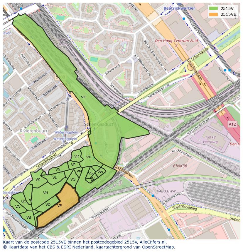 Afbeelding van het postcodegebied 2515 VE op de kaart.