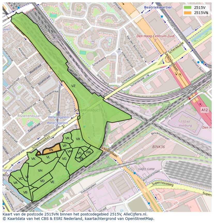 Afbeelding van het postcodegebied 2515 VN op de kaart.