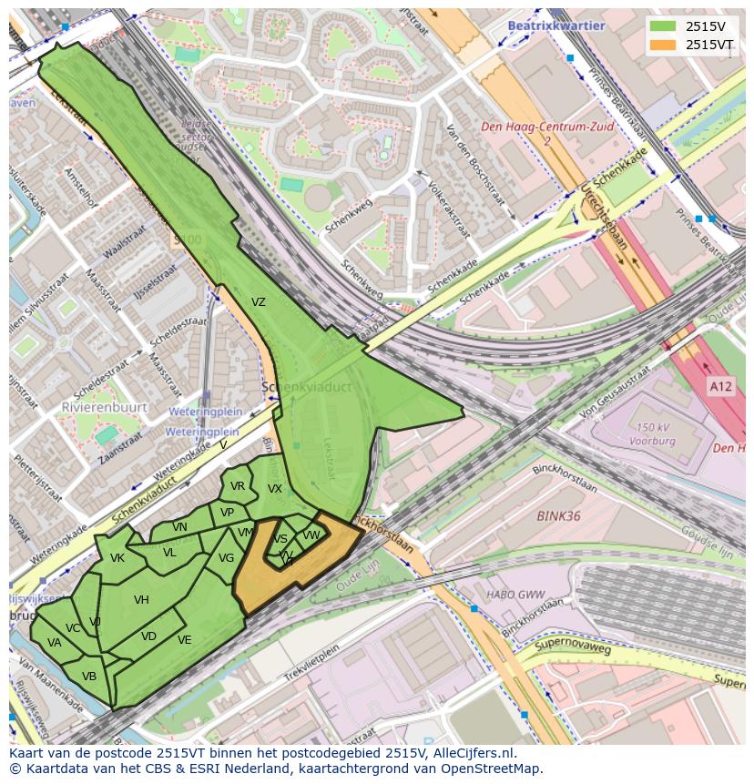 Afbeelding van het postcodegebied 2515 VT op de kaart.