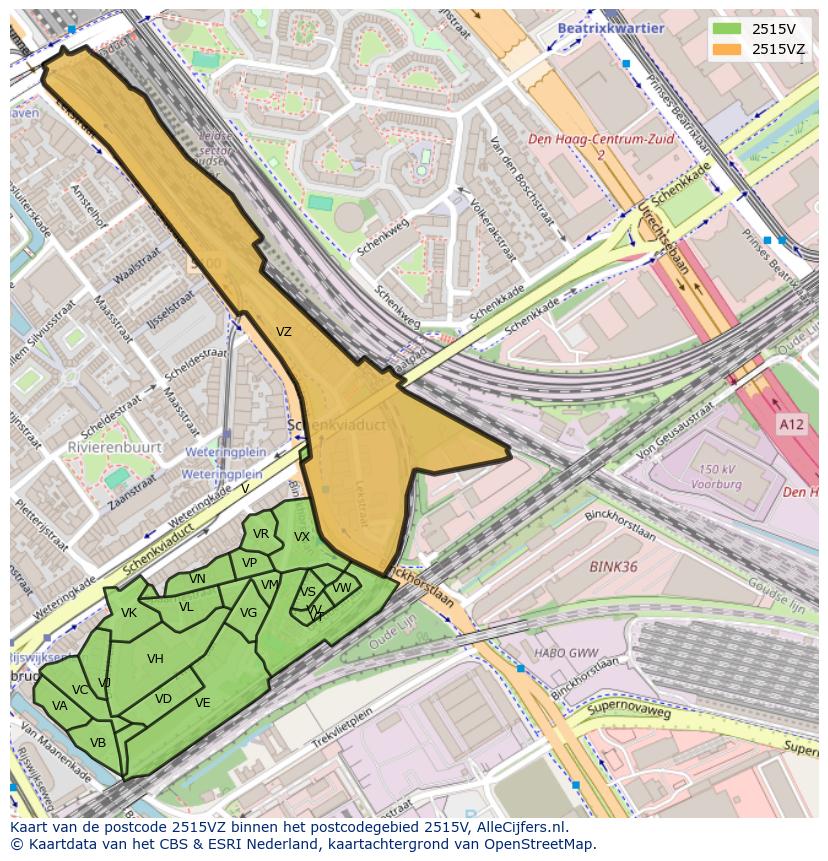 Afbeelding van het postcodegebied 2515 VZ op de kaart.