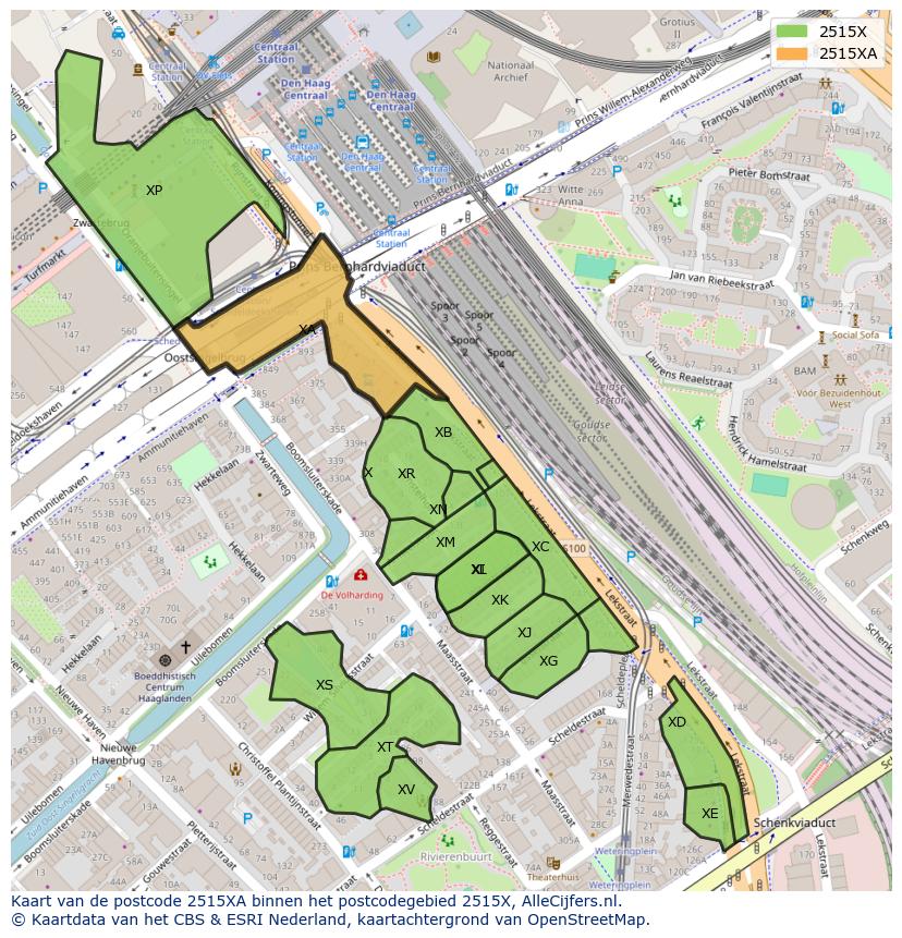 Afbeelding van het postcodegebied 2515 XA op de kaart.