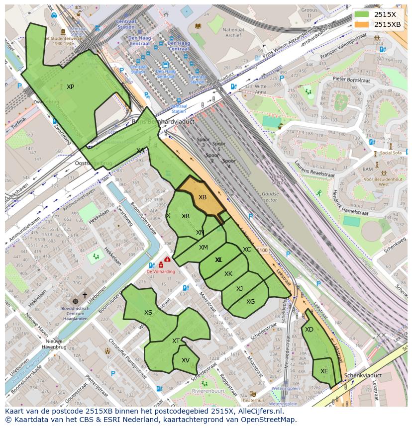 Afbeelding van het postcodegebied 2515 XB op de kaart.