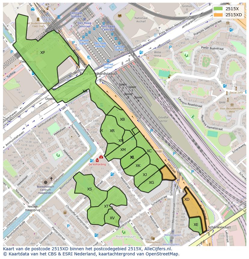 Afbeelding van het postcodegebied 2515 XD op de kaart.