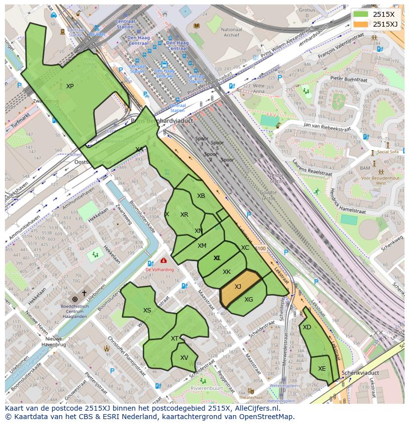 Afbeelding van het postcodegebied 2515 XJ op de kaart.
