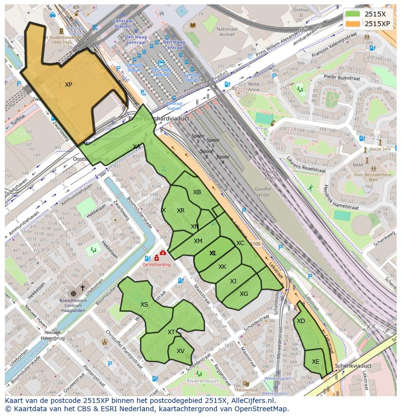Afbeelding van het postcodegebied 2515 XP op de kaart.