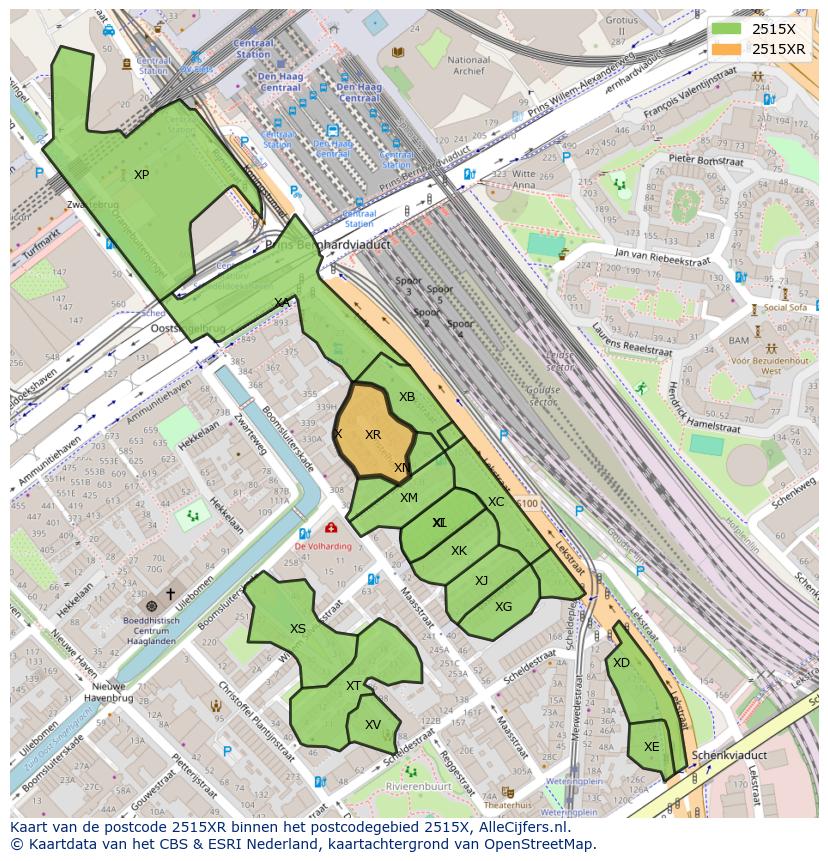 Afbeelding van het postcodegebied 2515 XR op de kaart.