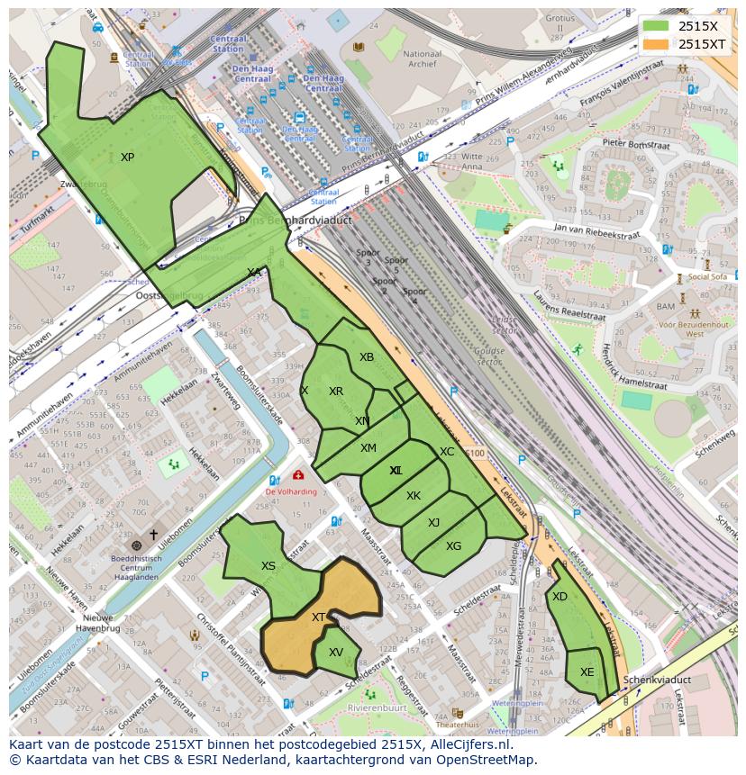 Afbeelding van het postcodegebied 2515 XT op de kaart.