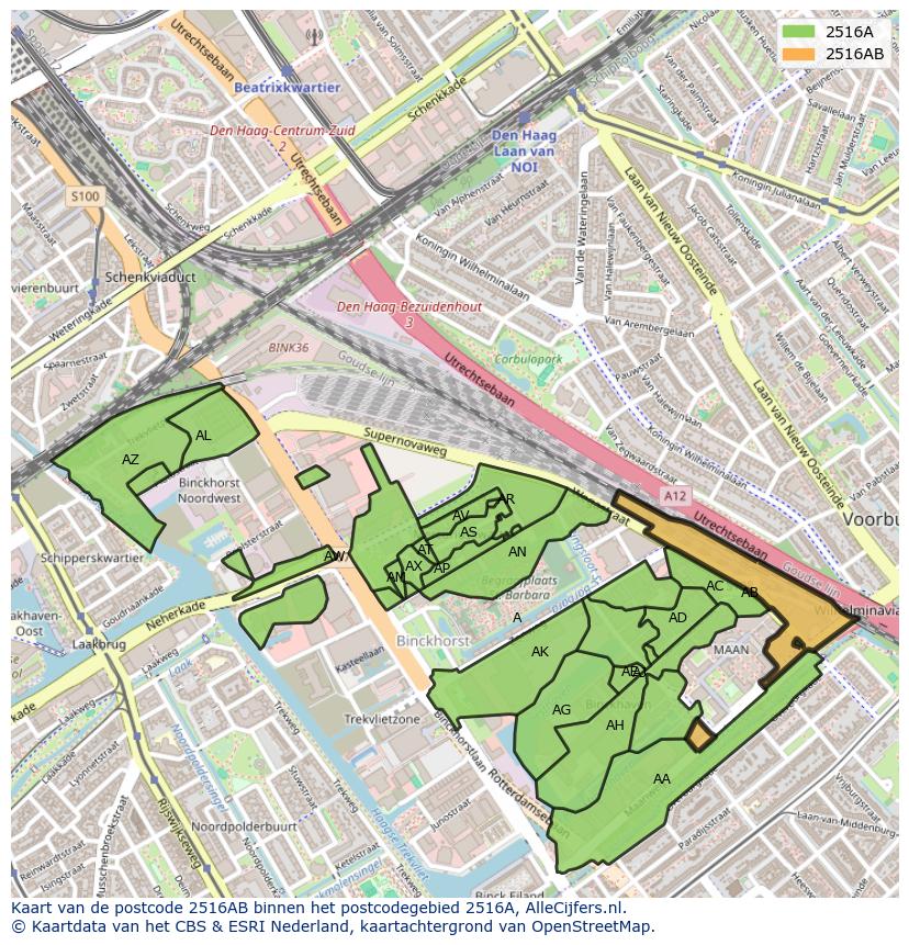 Afbeelding van het postcodegebied 2516 AB op de kaart.