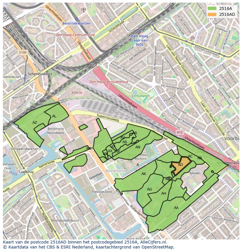 Afbeelding van het postcodegebied 2516 AD op de kaart.