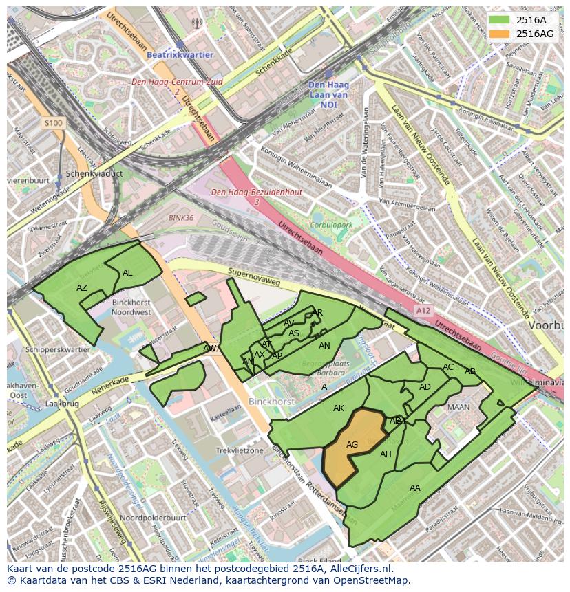 Afbeelding van het postcodegebied 2516 AG op de kaart.
