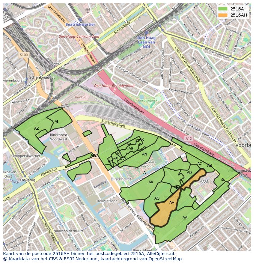 Afbeelding van het postcodegebied 2516 AH op de kaart.