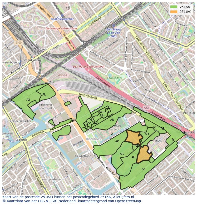 Afbeelding van het postcodegebied 2516 AJ op de kaart.