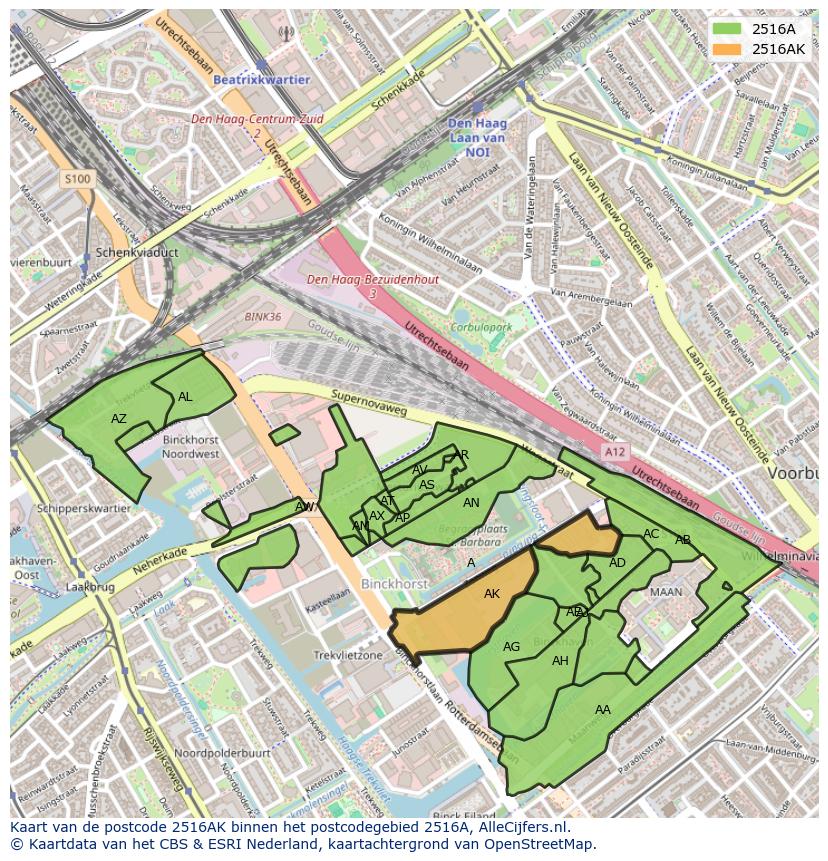 Afbeelding van het postcodegebied 2516 AK op de kaart.