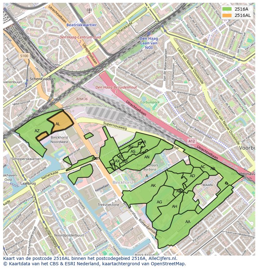 Afbeelding van het postcodegebied 2516 AL op de kaart.