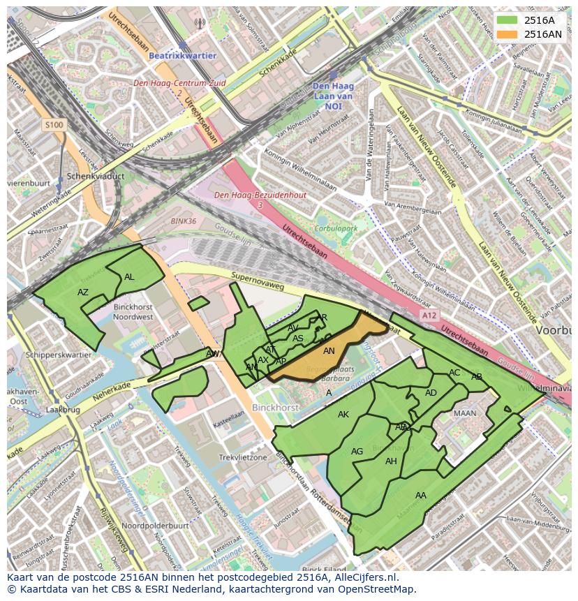 Afbeelding van het postcodegebied 2516 AN op de kaart.