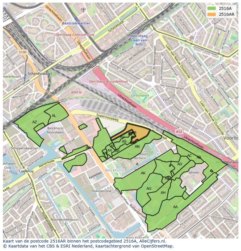 Afbeelding van het postcodegebied 2516 AR op de kaart.