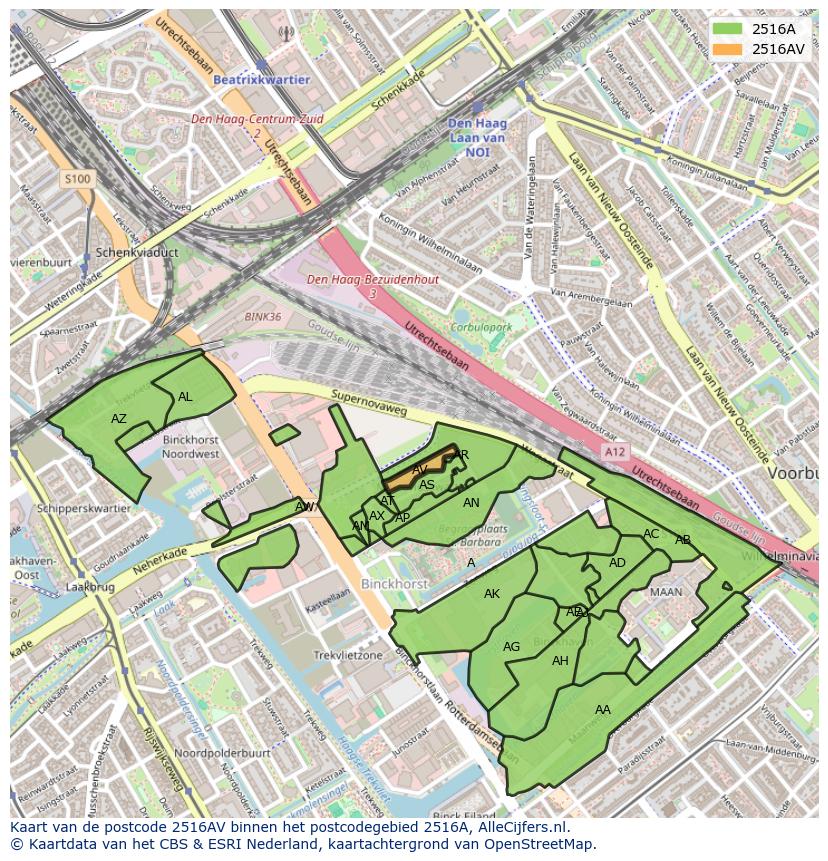 Afbeelding van het postcodegebied 2516 AV op de kaart.