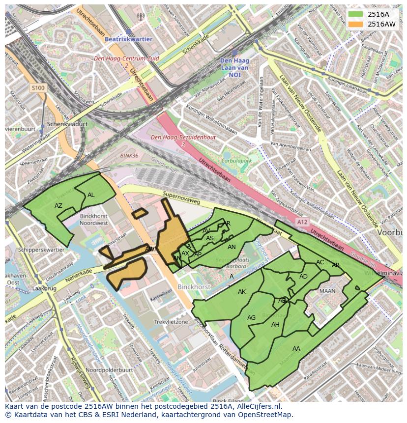 Afbeelding van het postcodegebied 2516 AW op de kaart.