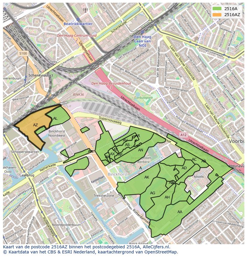 Afbeelding van het postcodegebied 2516 AZ op de kaart.