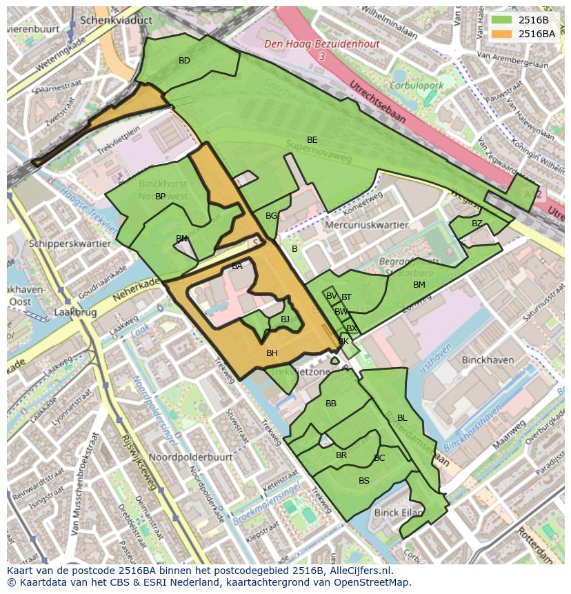 Afbeelding van het postcodegebied 2516 BA op de kaart.