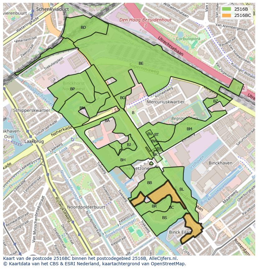 Afbeelding van het postcodegebied 2516 BC op de kaart.