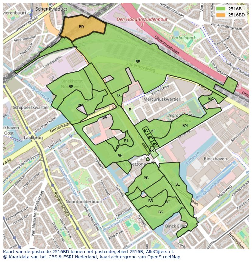 Afbeelding van het postcodegebied 2516 BD op de kaart.